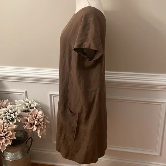 Eileen Fisher Brown Linen Ballet Neck Front Pocket Shift Dress Size Medium - Picture 5 of 10